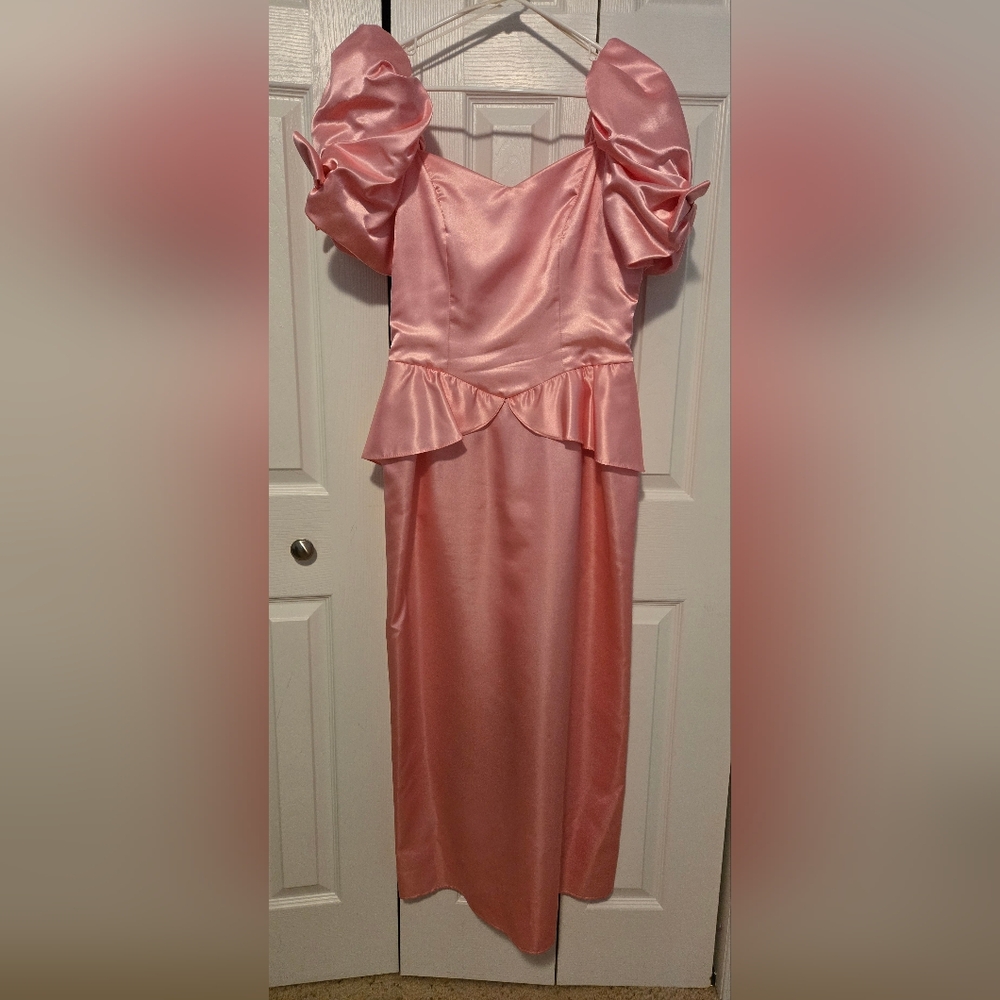 Vintage 80s Pink Satin Peplum Big Bows Prom Bridesmaid Dress, Size SMALL
